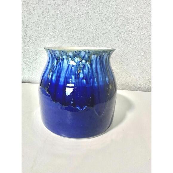Hanging Planter Blue Ceramic Deep Blue Drip Glaze White Inside Large Unbranded - Picture 1 of 6